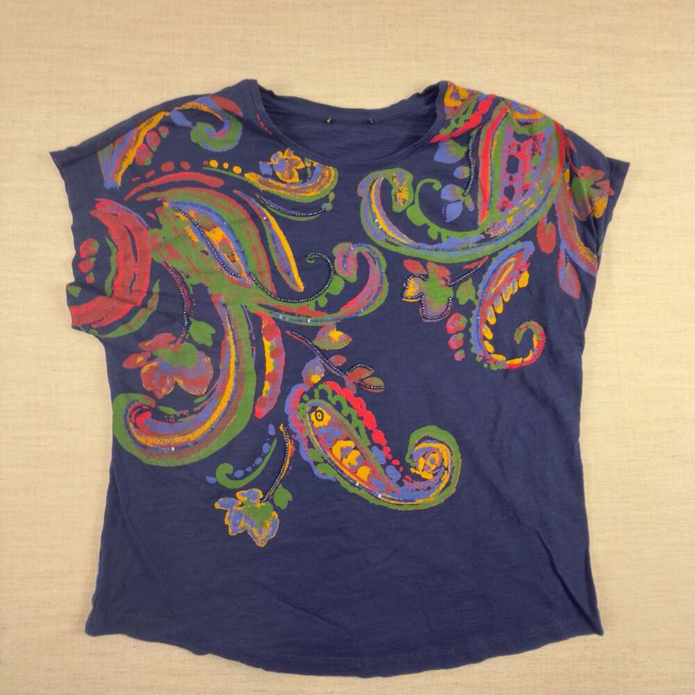 Chico's Navy Blue Paisley Sequin Embellished Short Sleeve T-Shirt